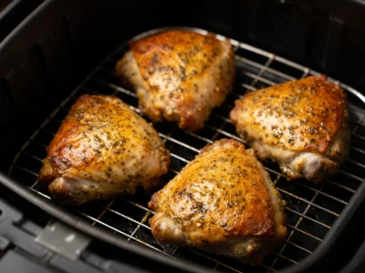 Des cuisses de poulet au Airfryer bien dorées reposent dans le panier d'une friteuse à air