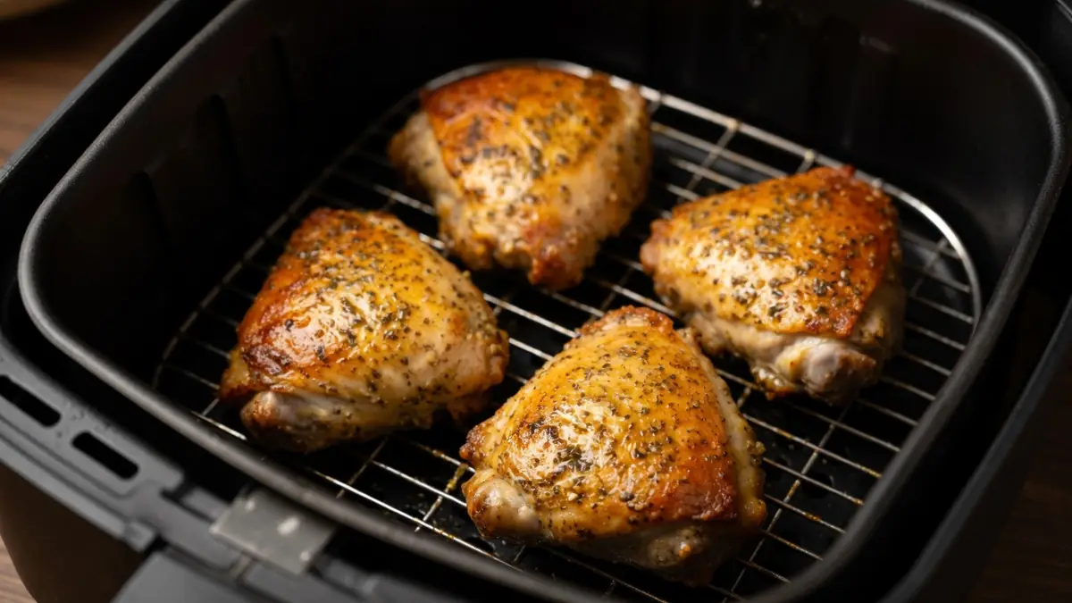 Des cuisses de poulet au Airfryer bien dorées reposent dans le panier d'une friteuse à air