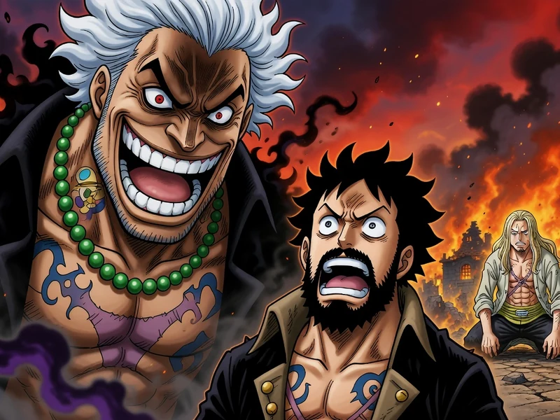 One Piece 1154 spoilers illustrés par trois personnages face à un village en flammes
