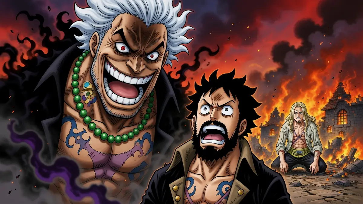 One Piece 1154 spoilers illustrés par trois personnages face à un village en flammes