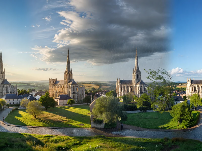 La cathédrale de Chartres dans un cadre verdoyant avec une météo Chartres partagée entre nuages sombres et ciel bleu
