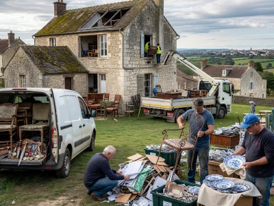 Des brocanteurs 37 trient des objets anciens devant une maison en pierre avec un van ouvert