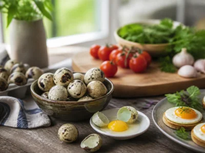 Un bol rempli d'œufs de cailles tachetés disposé sur une table de cuisine avec des tomates cerises et des toasts
