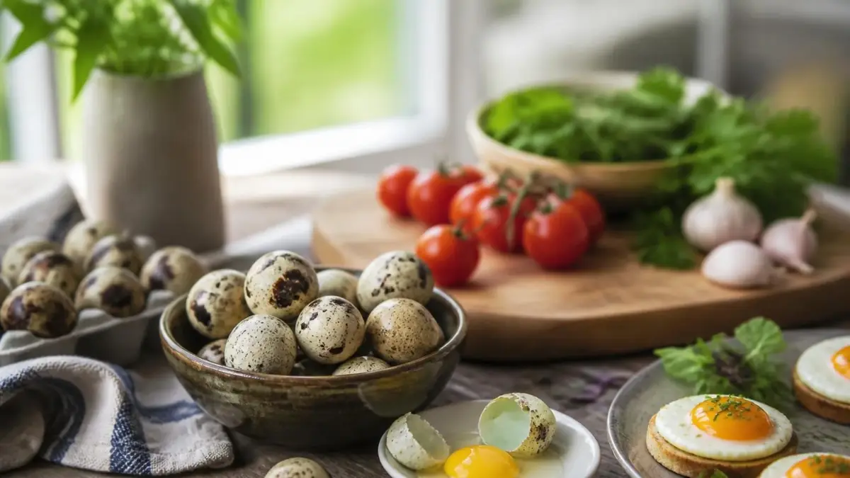 Un bol rempli d'œufs de cailles tachetés disposé sur une table de cuisine avec des tomates cerises et des toasts