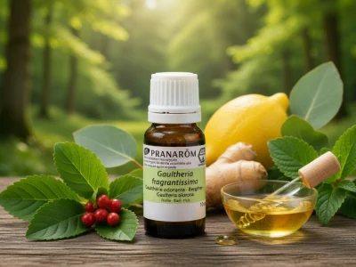 Une bouteille d'huile essentielle arthrose est entourée de citron gingembre et feuilles sur une table en bois
