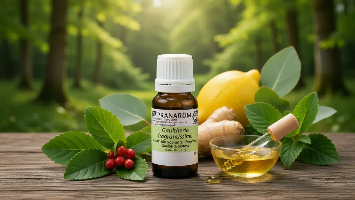 Une bouteille d'huile essentielle arthrose est entourée de citron gingembre et feuilles sur une table en bois