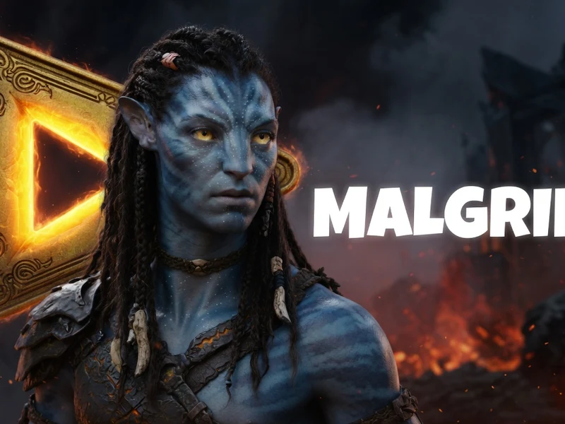 Malgrim se présente en guerrier bleu tressé dans un décor de feu et ruines sombres