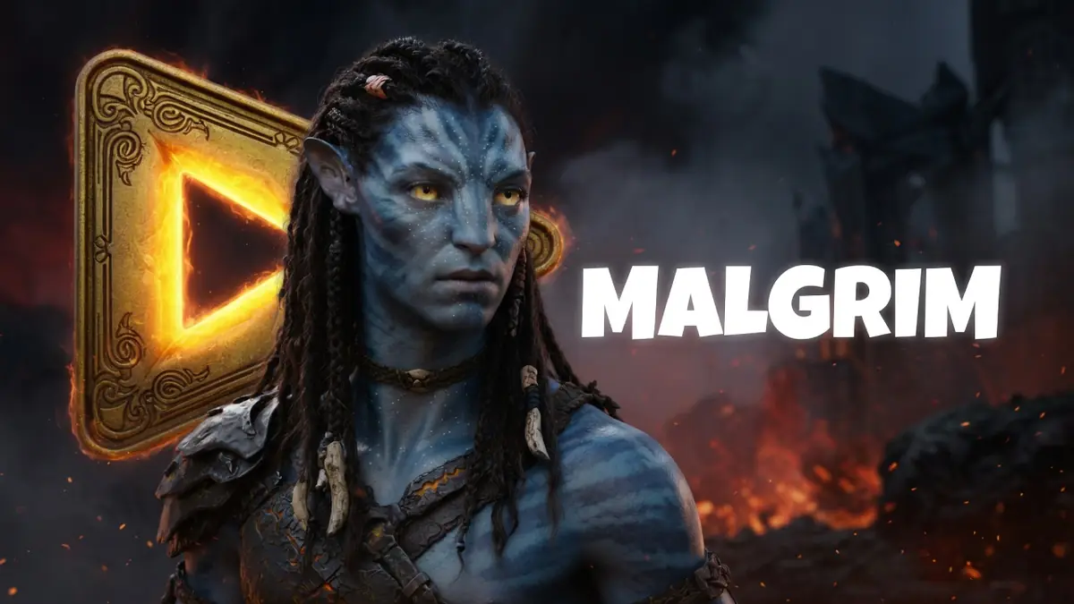 Malgrim se présente en guerrier bleu tressé dans un décor de feu et ruines sombres