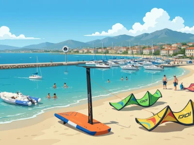 Plage ensoleillée du port Leucate webcam avec marina, voiliers et ailes de kitesurf