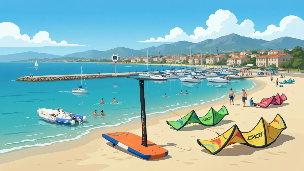 Plage ensoleillée du port Leucate webcam avec marina, voiliers et ailes de kitesurf