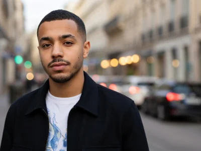 Portrait du jeune acteur Liam Pierron posant dans une rue en ville avec un arrière-plan flou