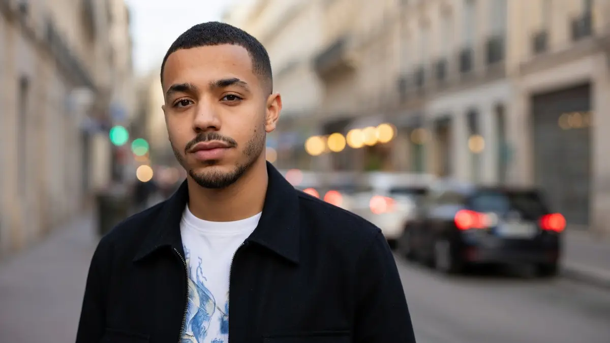 Portrait du jeune acteur Liam Pierron posant dans une rue en ville avec un arrière-plan flou