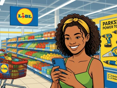 Une femme consulte Lidl avis sur son smartphone dans un supermarché