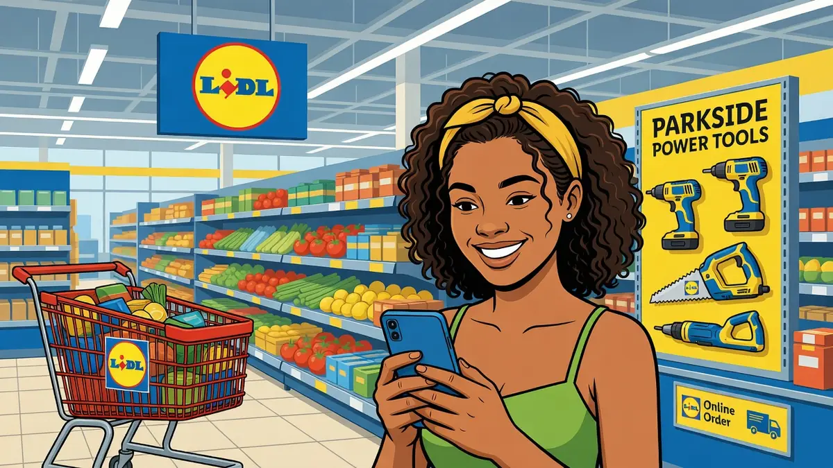 Une femme consulte Lidl avis sur son smartphone dans un supermarché
