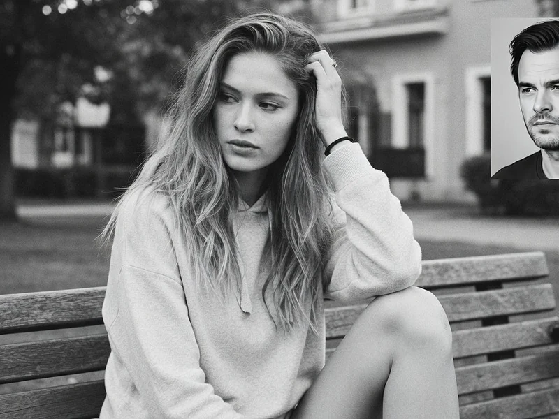 Portrait en noir et blanc de Lily Cornillac assise sur un banc public avec une photo incrustée d'un homme en médaillon