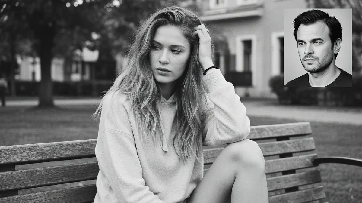 Portrait en noir et blanc de Lily Cornillac assise sur un banc public avec une photo incrustée d'un homme en médaillon