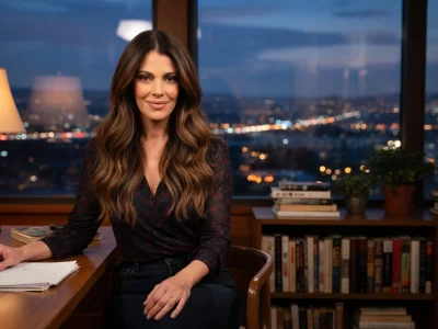 Lindsay Hartley assise à son bureau devant une vue nocturne sur la ville