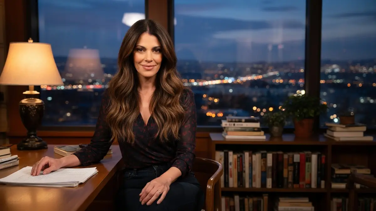 Lindsay Hartley assise à son bureau devant une vue nocturne sur la ville
