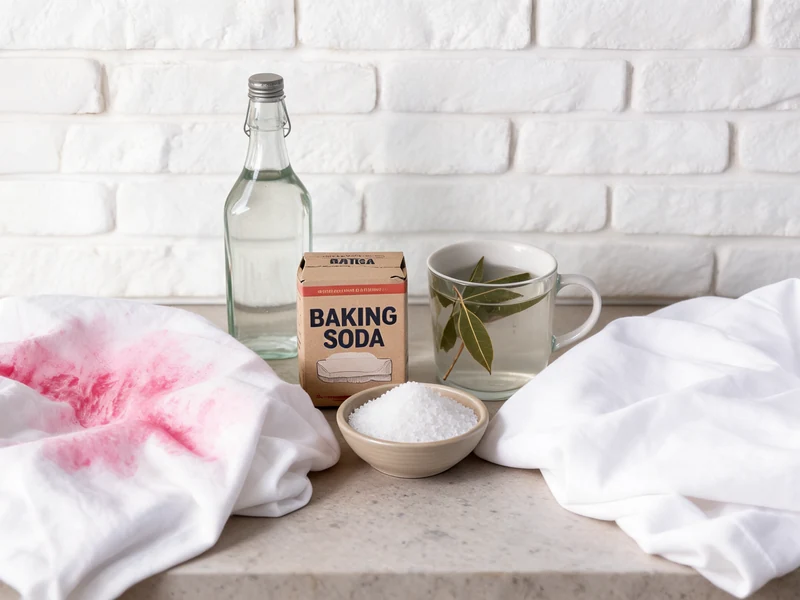 Matériel de cuisine et textile taché pour linge déteint astuce grand-mère disposés sur un comptoir