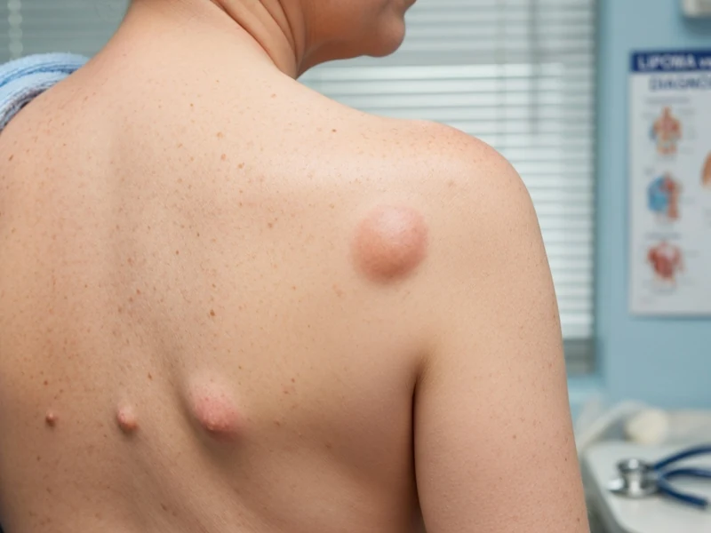 Dos d'un patient présentant un lipome cancéreux et plusieurs nodules cutanés