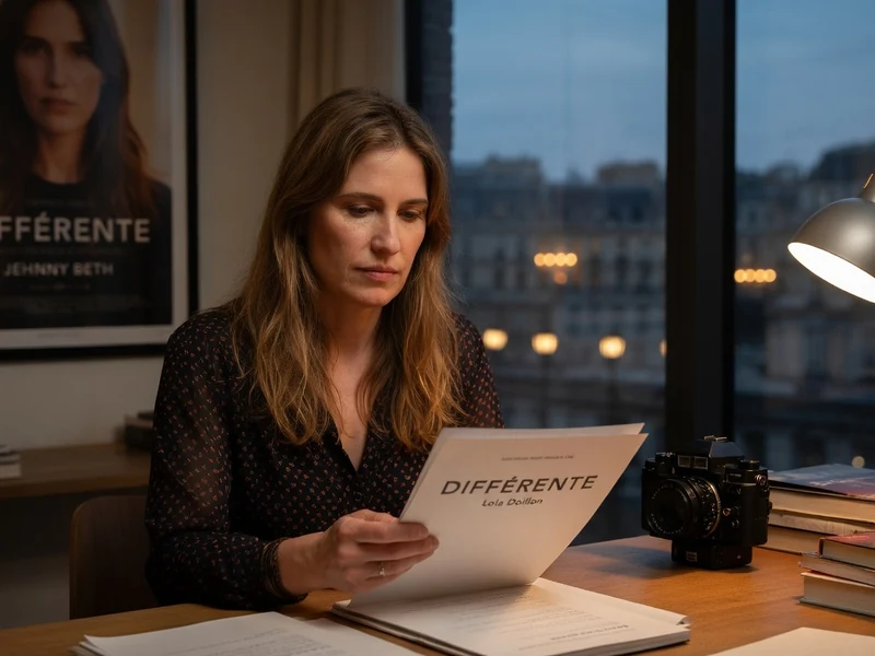 Lola Doillon lit des documents assise à son bureau devant une grande fenêtre