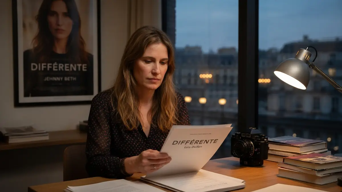 Lola Doillon lit des documents assise à son bureau devant une grande fenêtre