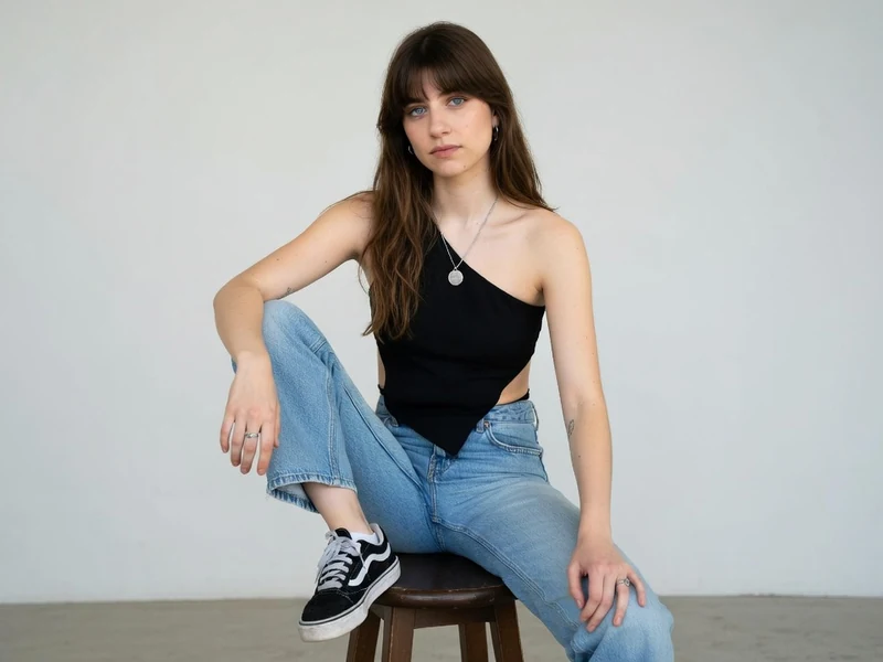 Lola Klodawski assise sur un tabouret portant un haut noir asymétrique et un jean bleu