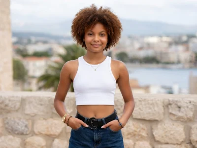 Loreyna Colombo se tient les mains dans les poches devant un mur en pierre avec vue sur la mer et la ville