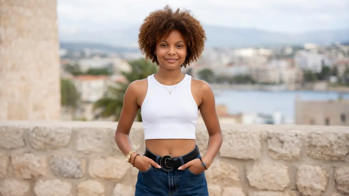 Loreyna Colombo se tient les mains dans les poches devant un mur en pierre avec vue sur la mer et la ville