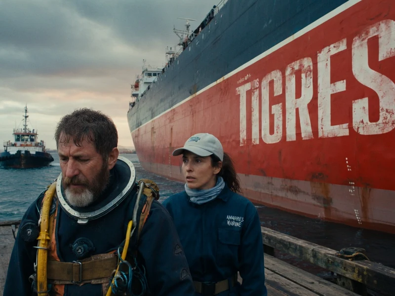 Un plongeur et une femme sur un quai près d'un grand navire dans le film Los Tigres