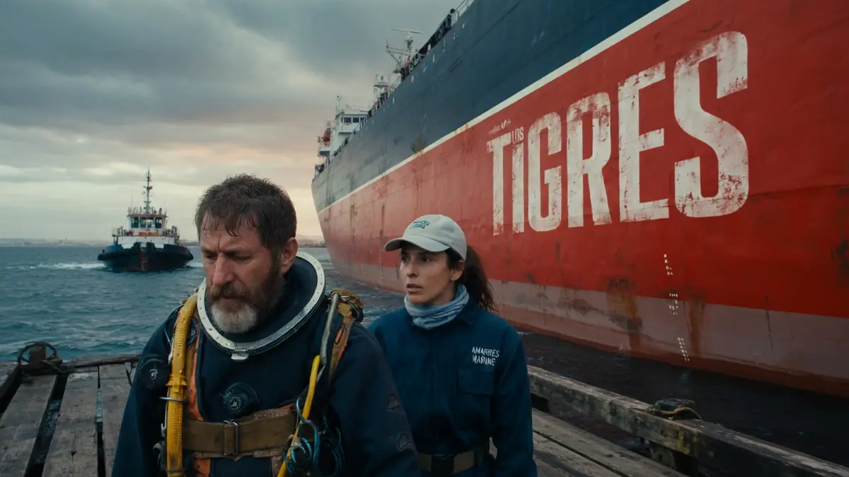 Un plongeur et une femme sur un quai près d'un grand navire dans le film Los Tigres