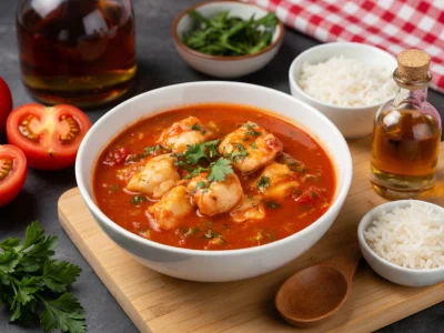 Un bol de lotte à l'Armoricaine en sauce tomate avec riz et tomates sur planche en bois