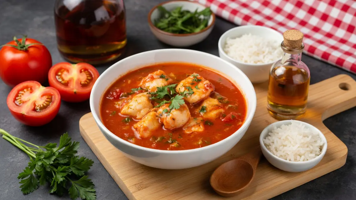 Un bol de lotte à l'Armoricaine en sauce tomate avec riz et tomates sur planche en bois