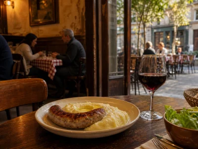 Une assiette d’aligot et saucisse servie dans l’ambiance chaleureuse de Lou Cantou.