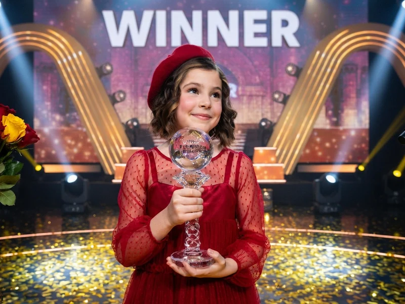 Sur scène, lou Deleuze célèbre sa victoire avec un trophée et un bouquet de fleurs