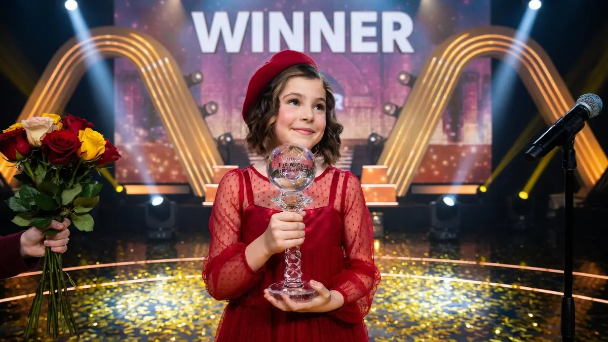 Sur scène, lou Deleuze célèbre sa victoire avec un trophée et un bouquet de fleurs