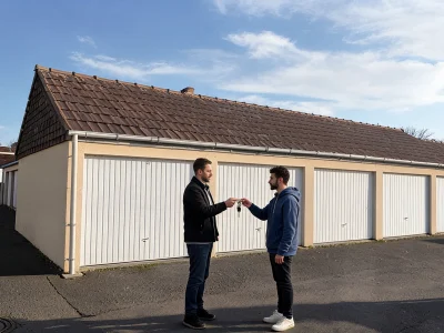 Deux hommes se serrent la main devant des garages pour une location garage entre particulier