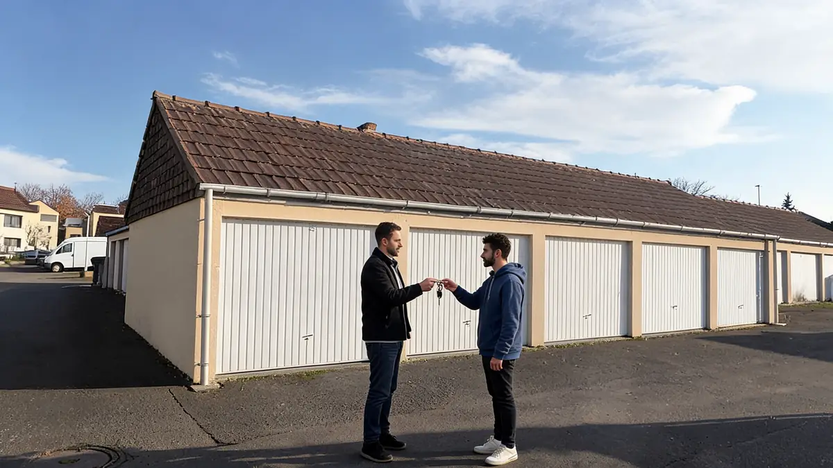 Deux hommes se serrent la main devant des garages pour une location garage entre particulier