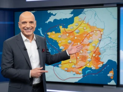 Louis Bodin désigne la carte météo de la France en souriant