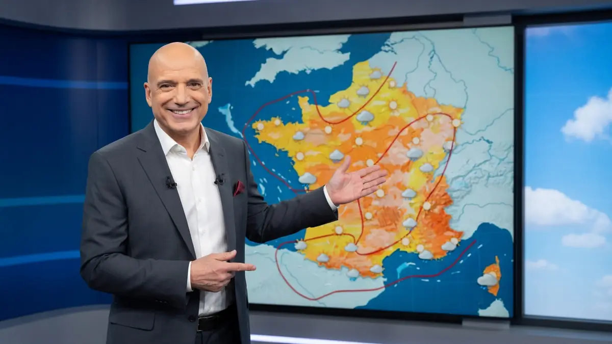 Louis Bodin désigne la carte météo de la France en souriant