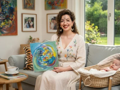 Louise Chabat sourit en tenant une peinture abstraite assise sur un canapé à côté d'un bébé dans un couffin