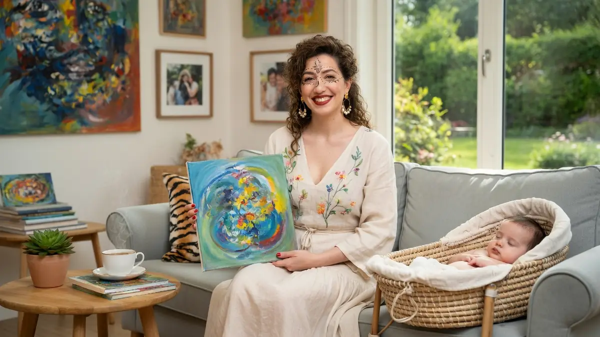 Louise Chabat sourit en tenant une peinture abstraite assise sur un canapé à côté d'un bébé dans un couffin