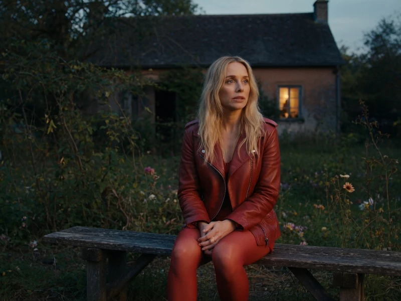 Louise est assise seule sur un banc devant une maison à la campagne au crépuscule