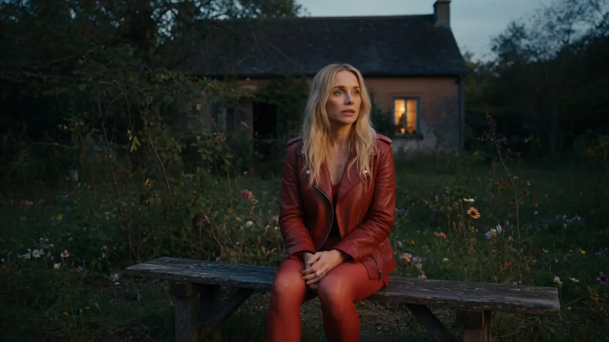 Louise est assise seule sur un banc devant une maison à la campagne au crépuscule