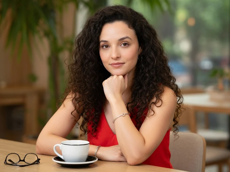 Louvia Bachelier la main au menton devant une tasse de café sur une table