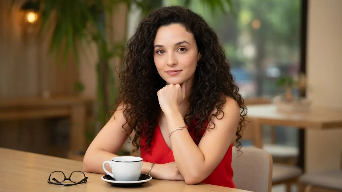Louvia Bachelier la main au menton devant une tasse de café sur une table