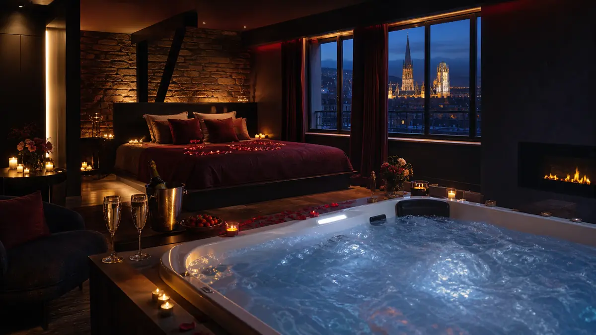 Ambiance élégante d'une love room Rouen avec jacuzzi privatif.