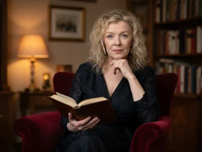 Luce Mouchel est assise dans un fauteuil rouge en tenant un livre ouvert dans une bibliothèque