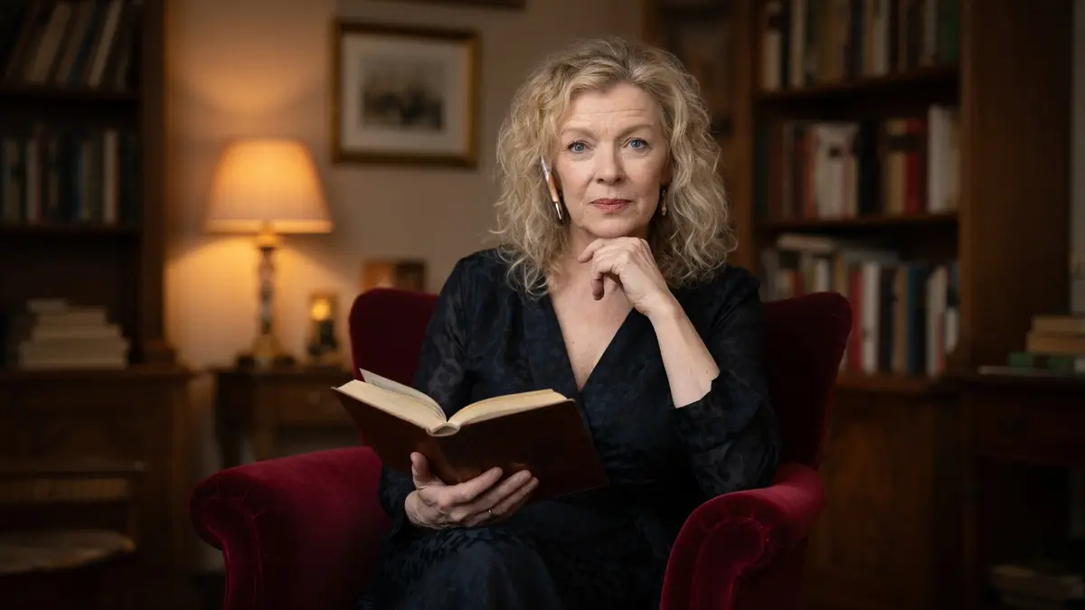 Luce Mouchel est assise dans un fauteuil rouge en tenant un livre ouvert dans une bibliothèque