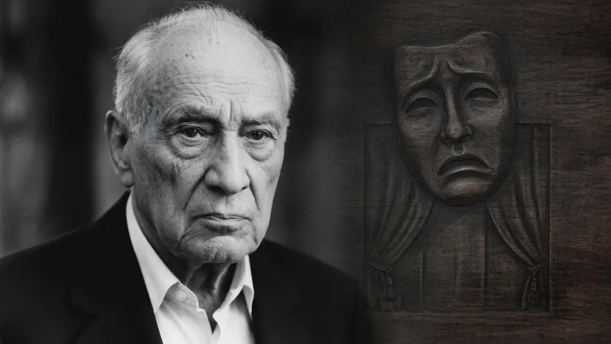 Lucien Pascal apparaît près d'un masque de théâtre sculpté dans le bois